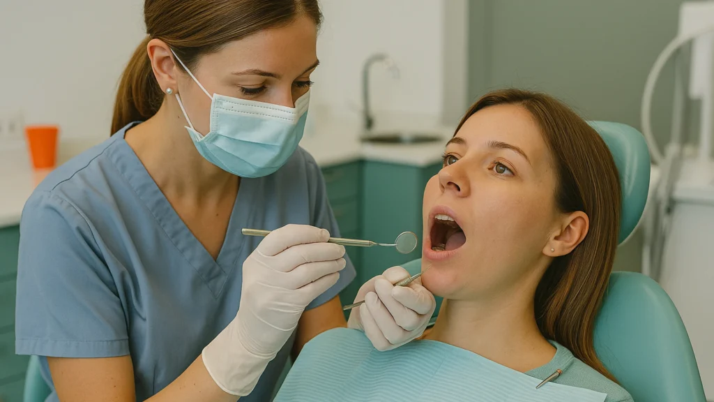 Dentist examining patient in modern overseas dental clinic