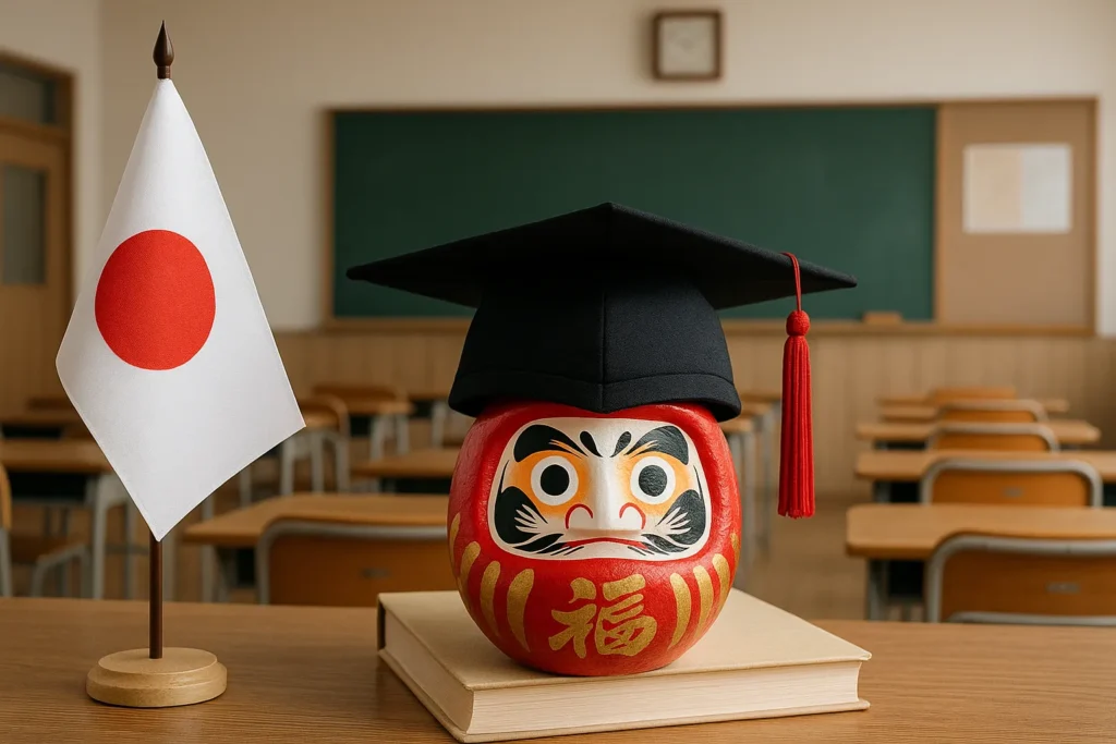 Japanese classroom with flag and graduation cap