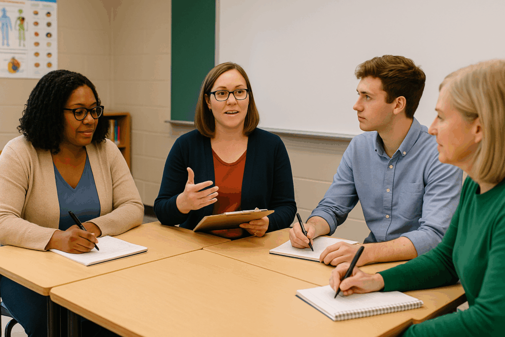 Teachers collaborating during a professional development workshop.