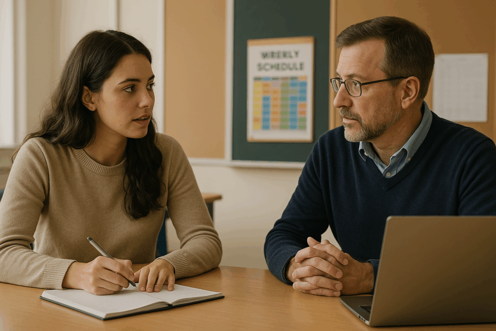 Trainee teacher discussing goals with senior mentor.
