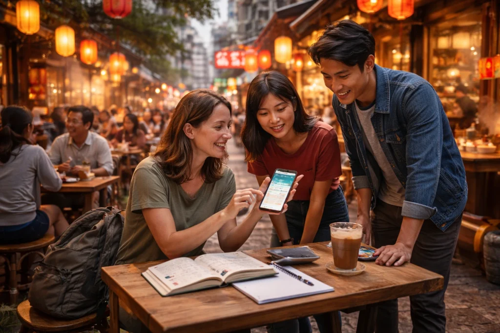 Learning the local language in a lively cafe
