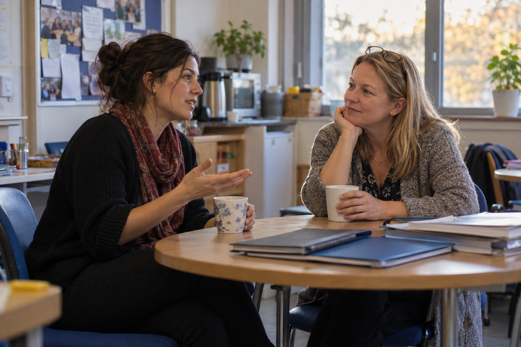 International teacher talking with a colleague after school