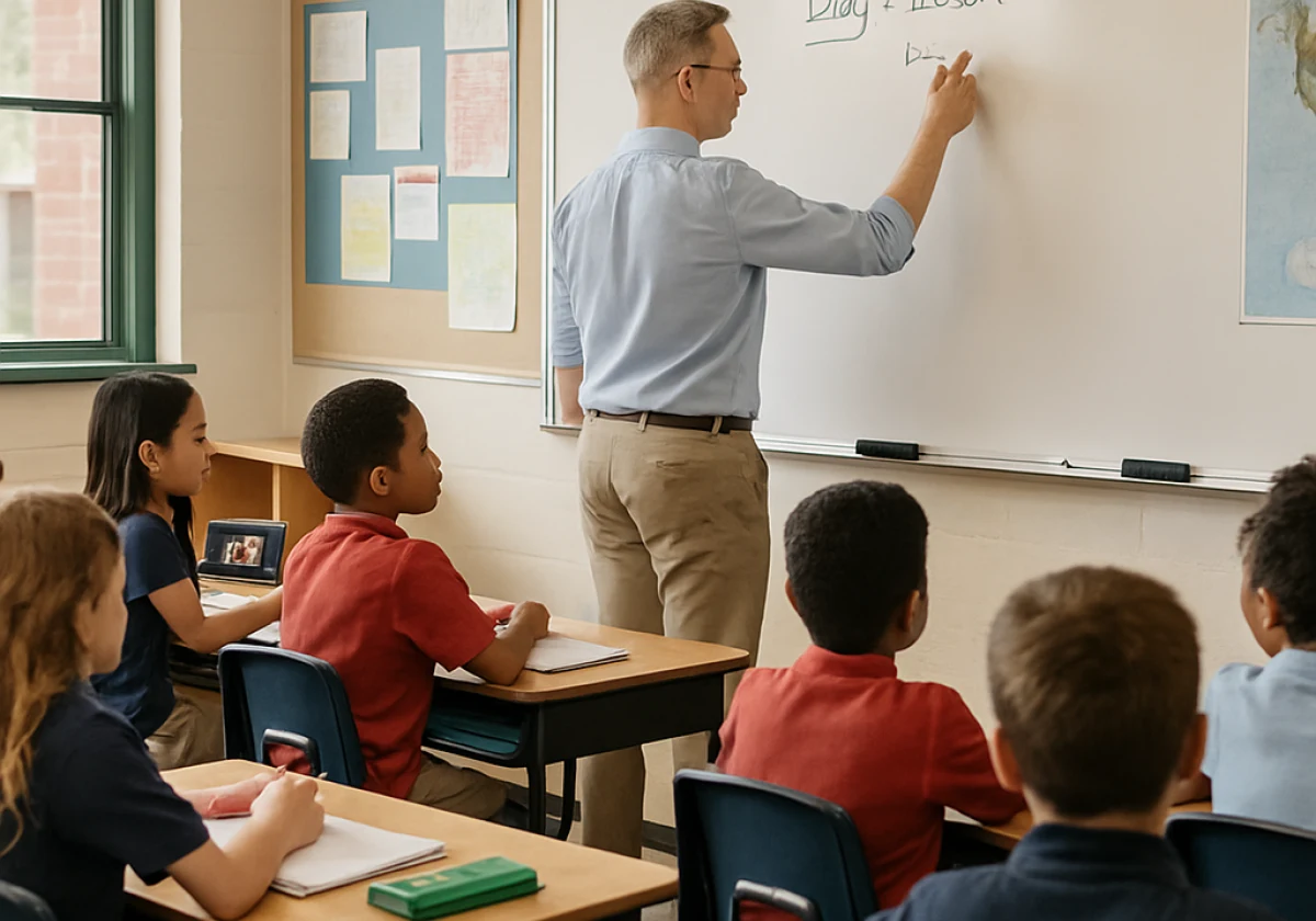 Relief teacher in a primary school classroom standing