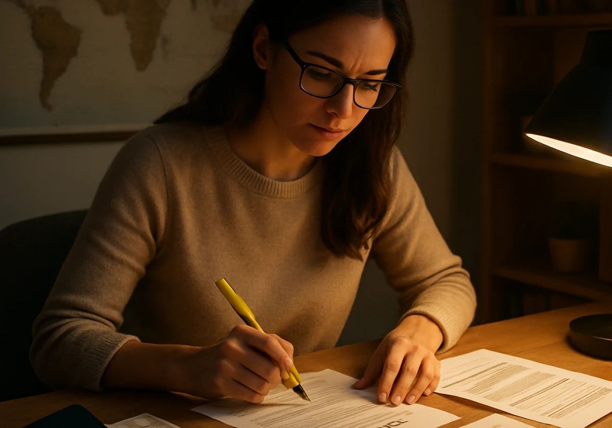 Woman seated at her home desk in the evening
